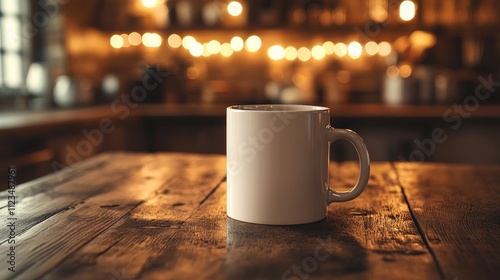 Mug mockup in a cozy kitchen setting, with a blank label ready for custom designs, warm lighting photo