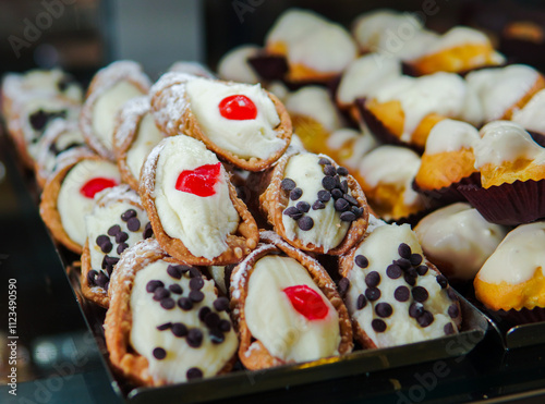 Sicilian Cannoli. Homemade sweet cannoli filled with ricotta and pistachio cream. photo