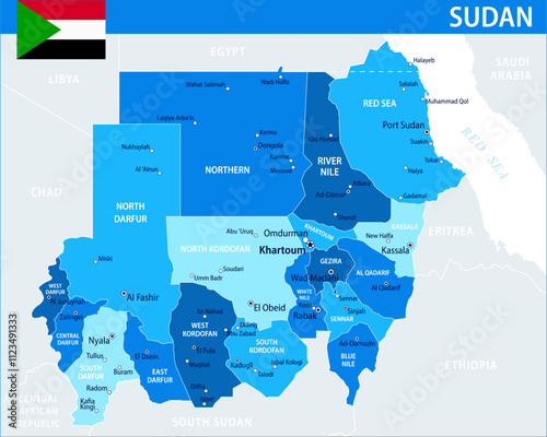 Sudan Map Vector Blue Spot - Customizable layered political map of Sudan with administrative divisions for website, education, reports, news, politics, print, poster and wallpaper