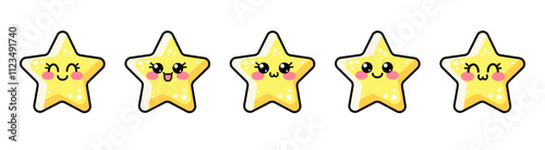 Cute kawaii outline star emoji mascot set. Vector collection of different emoticons clipart for baby, kids game. Kawaii characters for children isolated on white background