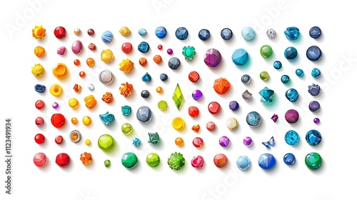 Colorful 3D gems, crystals, and jewels collection on white background. photo