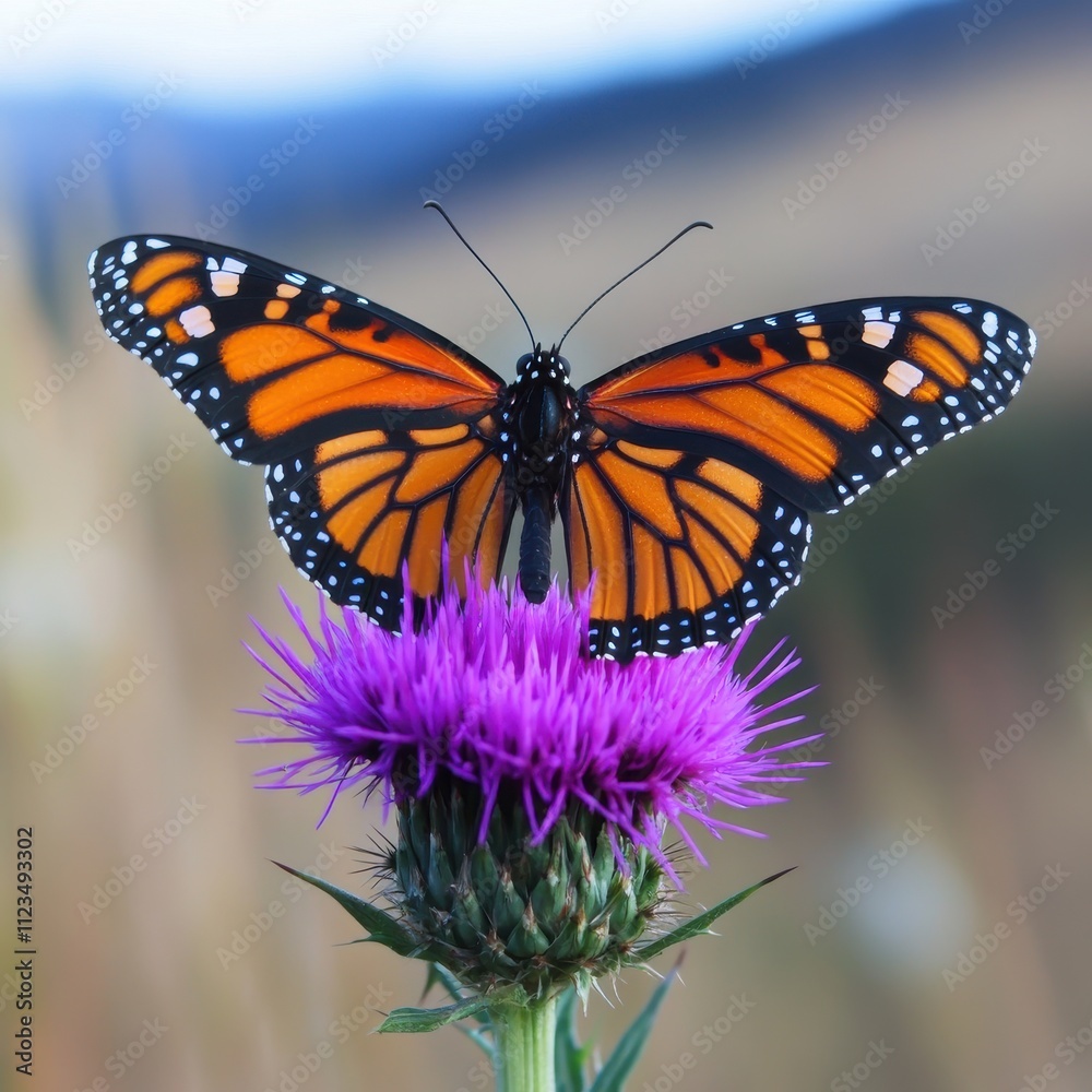 Obraz premium Vibrant Monarch Butterfly Displaying Colorful Wings on a Purple Thistle Flower Against a Blurred Natural Background in a Lush Green Environment