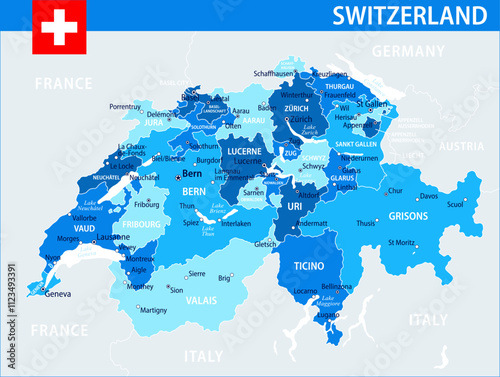 Switzerland Map Vector Blue Spot - Customizable layered political map of Switzerland with administrative divisions for website, education, reports, news, politics, print, poster and wallpaper