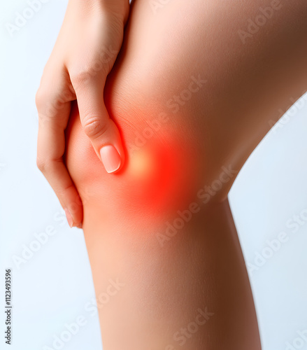 A person holding their knee in pain, with the joint highlighted red to represent inflammation. The background is white, focusing attention on the subject of the injured knee. No text or other element