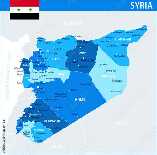 Syria Map Vector Blue Spot - Customizable layered political map of Syria with administrative divisions for website, education, reports, news, politics, print, poster and wallpaper