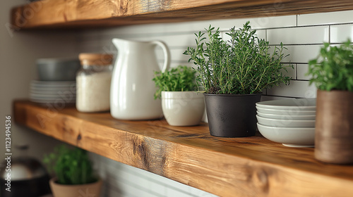Wallpaper Mural Minimalist Wooden Kitchen Shelf with Ceramic Pitcher and Fresh Herbs Torontodigital.ca
