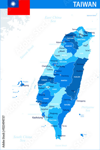 Taiwan Map Vector Blue Spot - Customizable layered political map of Taiwan with administrative divisions for website, education, reports, news, politics, print, poster and wallpaper