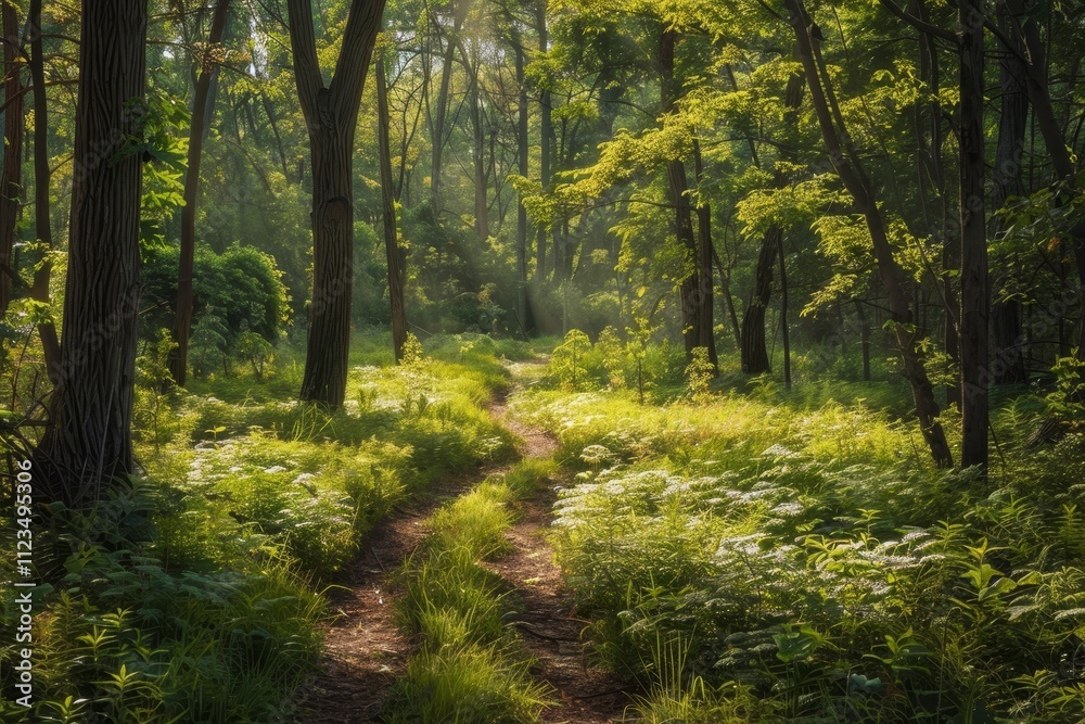 Obraz premium Morning sunlight filters through the tall trees, illuminating a peaceful path in a vibrant forest, inviting exploration and reflection amidst nature's tranquility.