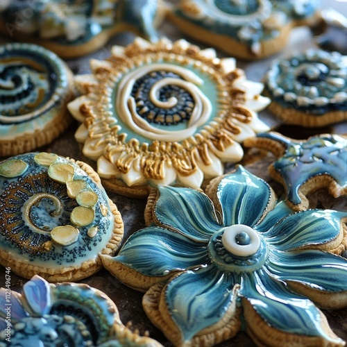 Intricate blue and gold decorated cookies. photo