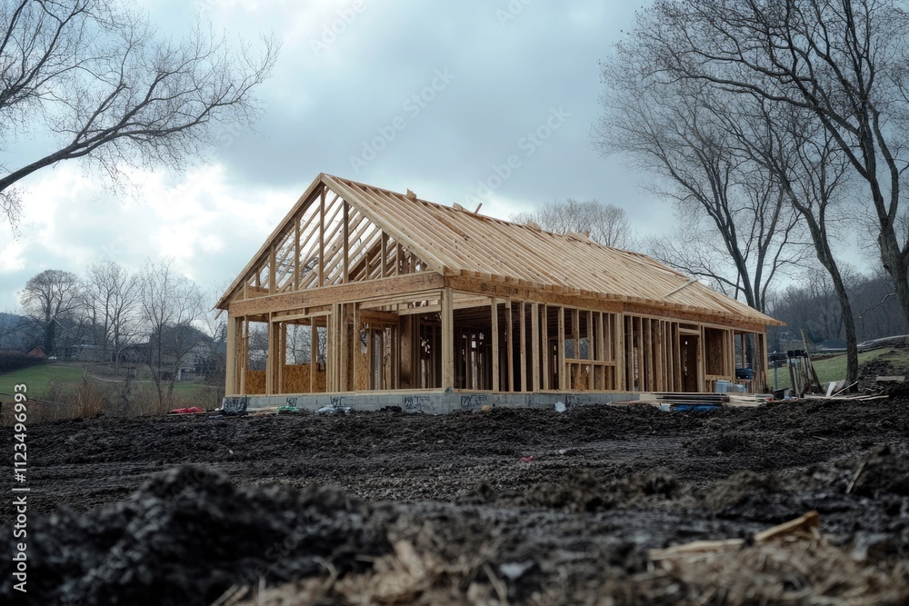Obraz premium Low Angle Perspective of Incomplete House Framing: Wooden Structure Under Construction