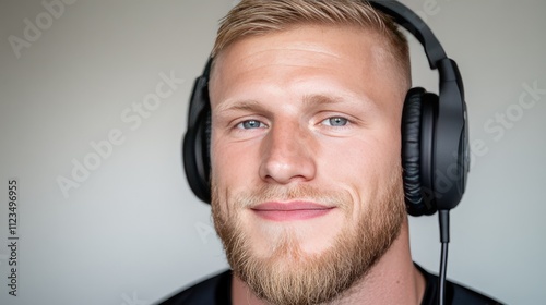 A handsome man is engaging with the camera while wearing headphones, set in a recording studio. The warm colors and soft lighting create a cozy ambiance, highlighting his features photo