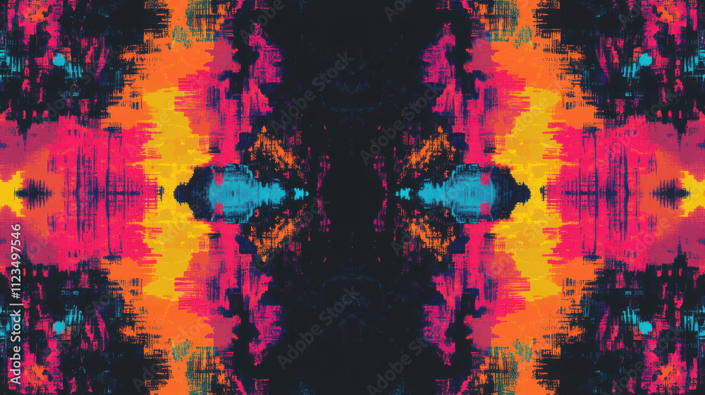 Obraz premium Abstract Vibrant Colorful Pattern with Bold Hues of Orange, Pink, Blue, and Black in a Symmetrical Design for Creative Backgrounds and Digital Art Projects