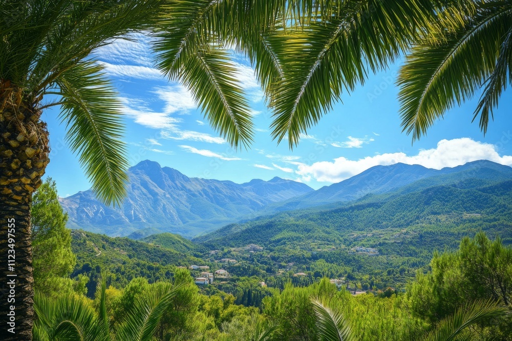 Lush palm trees frame a stunning mountainous landscape under a clear blue sky in a serene natural setting Lush palm trees frame a stunning mountainous landscape under a clear blue sky in a serene natural setting