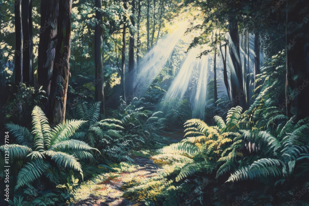 Obraz premium Sunbeams Through a Lush Forest Path