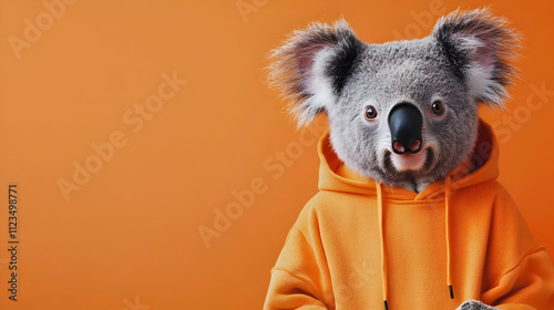 Adorable koala wearing a bright orange hoodie against a vibrant bright orange background, perfect for cozy, playful product promotions and fun branding photo