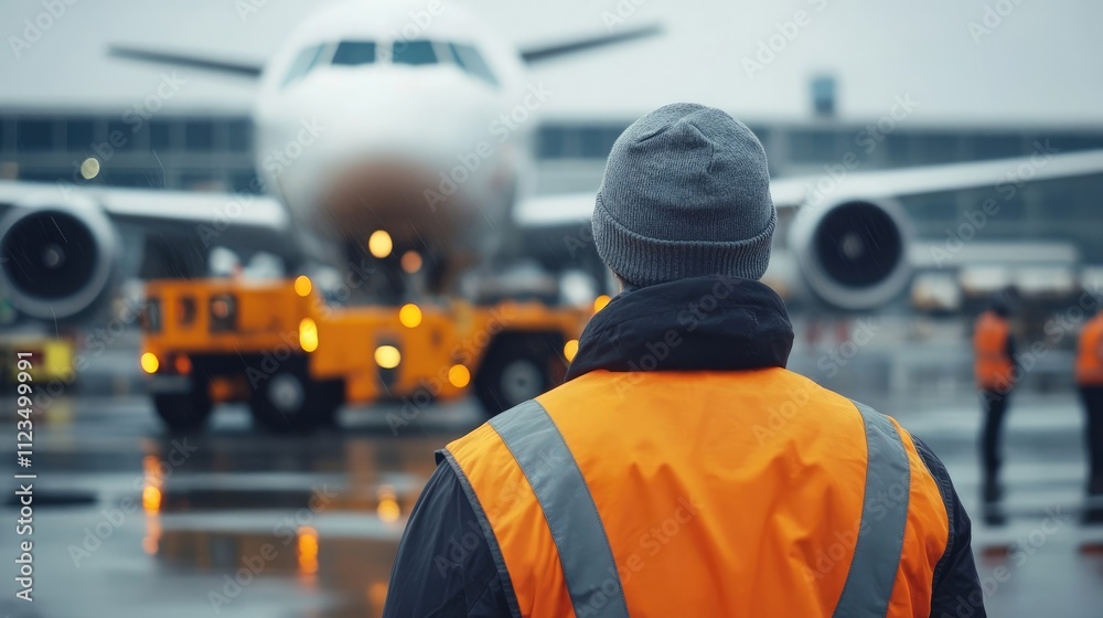 A Person Watches a Plane at the Airport in Rainy Weather A Person Watches a Plane at the Airport in Rainy Weather