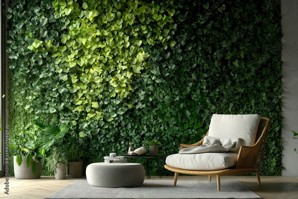 Fototapeta premium White Chair and Ottoman in Front of a Lush Green Living Wall