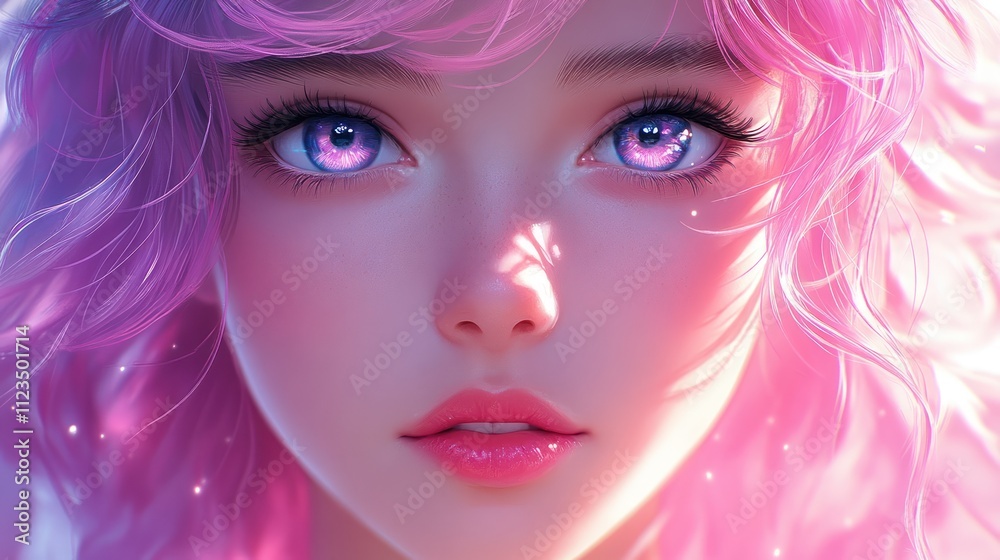 Fototapeta premium Portrait of girl with pink hair and captivating eyes