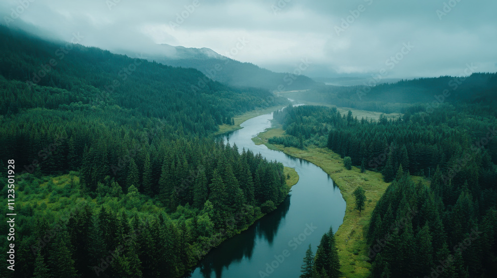Fototapeta premium Serene Aerial View of a Winding River Surrounded by Lush Green Forests and Lively Vegetation on a Misty Day in a Remote Wilderness Area