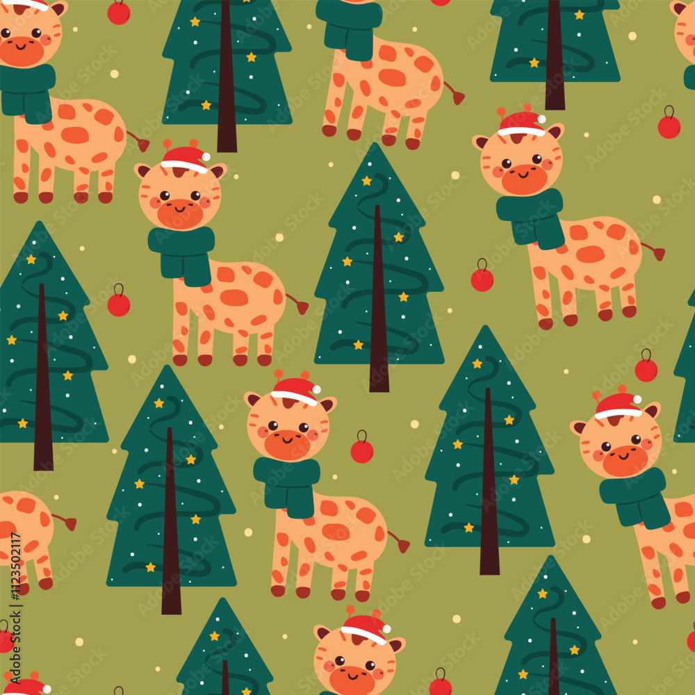 seamless pattern cartoon giraffe with christmas tree and santa hat. cute christmas wallpaper for gift wrap paper seamless pattern cartoon giraffe with christmas tree and santa hat. cute christmas wallpaper for gift wrap paper