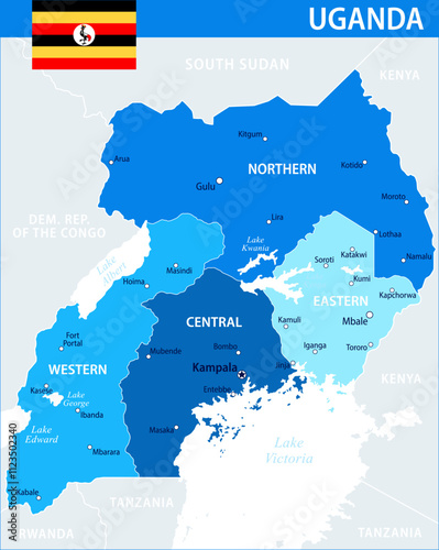 Uganda Map Vector Blue Spot - Customizable layered political map of Uganda with administrative divisions for website, education, reports, news, politics, print, poster and wallpaper