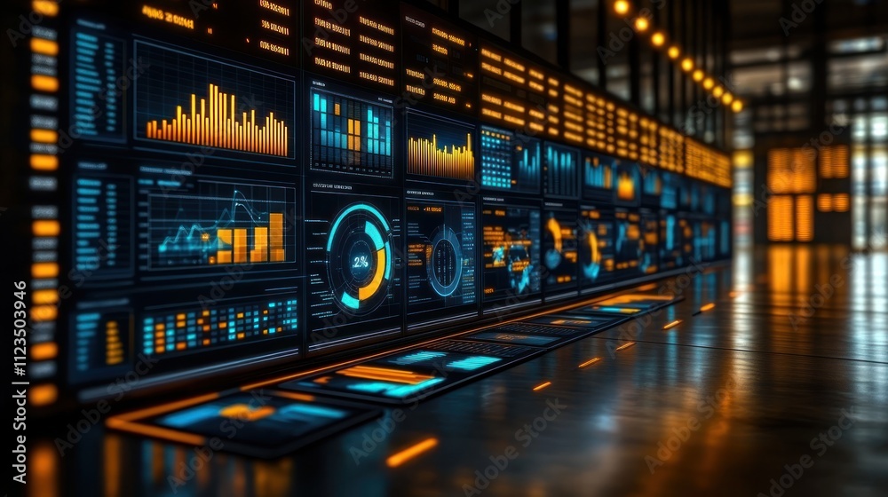 Naklejka premium Futuristic data visualization dashboard in modern setting