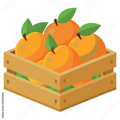 Wooden crate of ripe peaches vector illustration isolated on white background