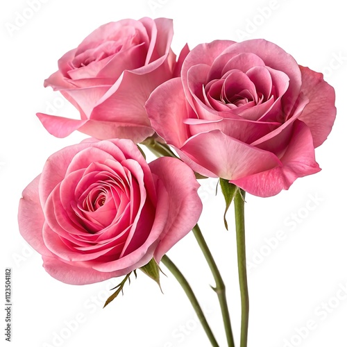 Three vibrant pink roses with green leaves against a white background.