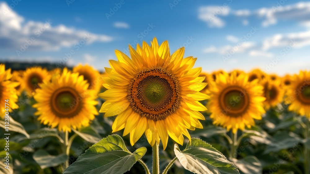 Fototapeta premium vibrant field of sunflowers under bright blue sky, radiating joy