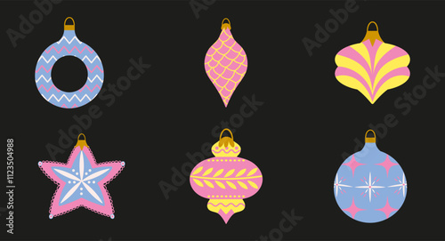 Christmas tree decorations in cartoon retro style. New Year's balls on the tree.Vector set