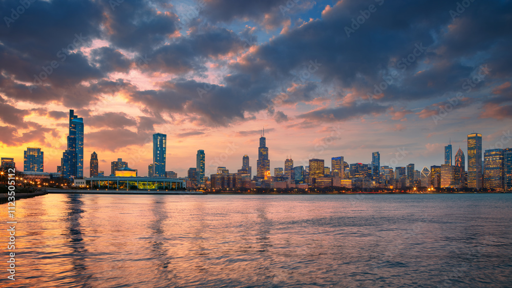 Chicago, Illinois, USA. Cityscape image of famous Chicago skyline at beautiful spring sunset.