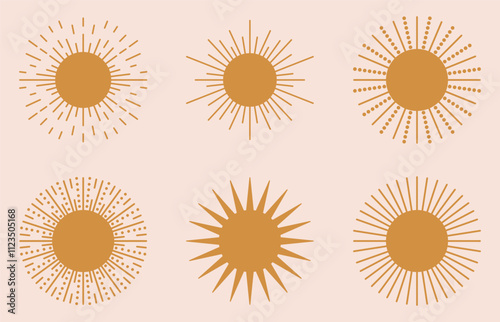 Sunrise and sunburst symbol in boho style. vector set