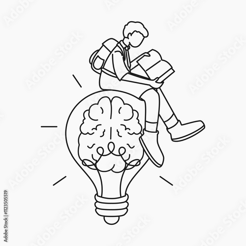 Student Sitting on Light Bulb with Brain Illustration photo