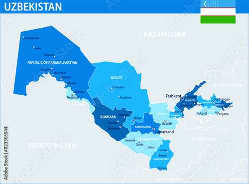 Uzbekistan Map Vector Blue Spot - Customizable layered political map of Uzbekistan with administrative divisions for website, education, reports, news, politics, print, poster and wallpaper