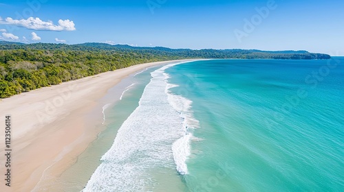 A stunning aerial view of a pristine beach with turquoise waters and gentle waves.