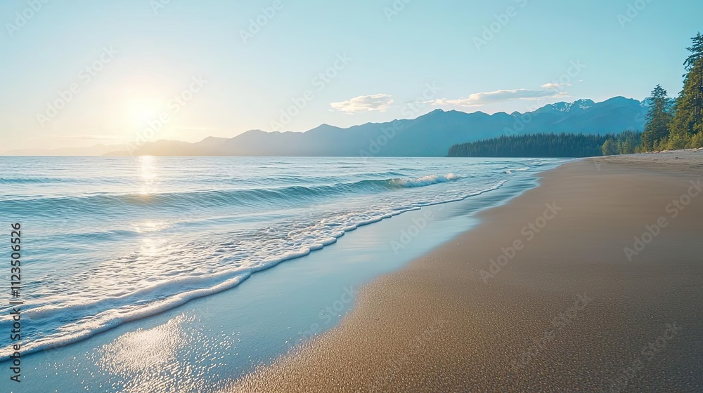 Fototapeta premium A serene beach sunset with gentle waves and mountains in the distance.