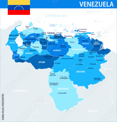 Venezuela Map Vector Blue Spot - Customizable layered political map of Venezuela with administrative divisions for website, education, reports, news, politics, print, poster and wallpaper