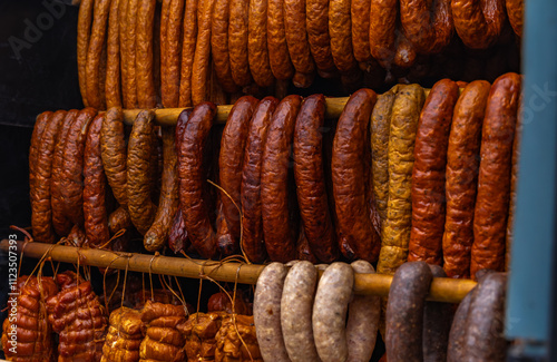 Meat, fish, smoked products, meat smokehouse, smoked fish, preparations for holidays photo