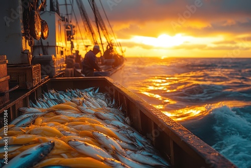 Traditional fishing boat with a fisherman in Japan captured at sunrise over calm waters.