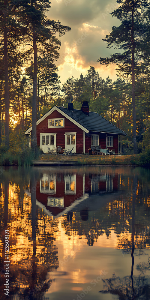 Fototapeta premium Casa flutuante em um lago tranquilo