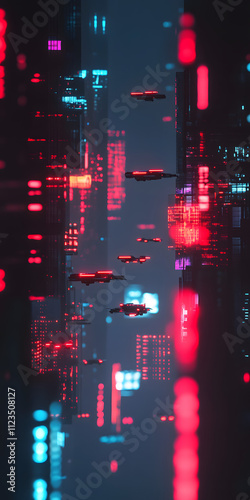 Cenário urbano futurista com carros voadores e luzes brilhantes