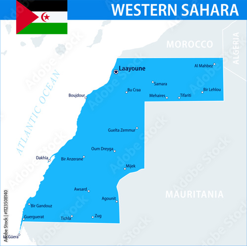 Western Sahara Map Vector Blue Spot - Customizable layered political map of Western Sahara with administrative divisions for website, education, reports, news, politics, print, poster