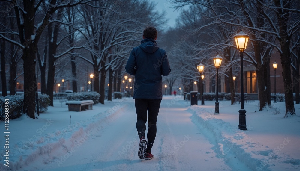 Jogger running through a snowy park at dusk, illuminated path with warm streetlights, winter activity
Jogger running through a snowy park at dusk, illuminated path with warm streetlights, winter activity