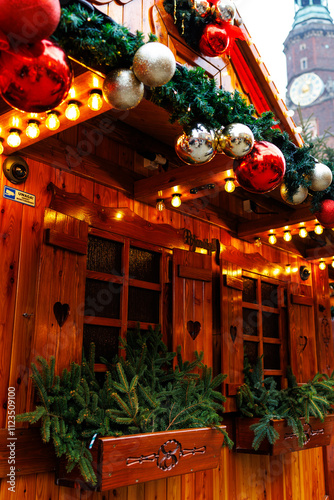 Christmas Market with Tower View in Festive Spirit photo