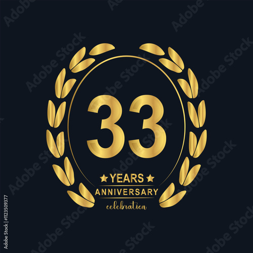 33th Years Anniversary celebration. Vector Template festive illustration Golden Color,. Birthday or wedding party event decoration. photo