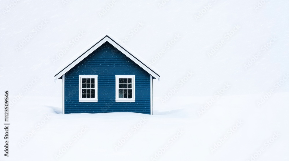 Fototapeta premium Winter storm and wind visibility, A solitary blue house stands amidst a vast expanse of white snow, creating a serene and minimalistic winter scene.