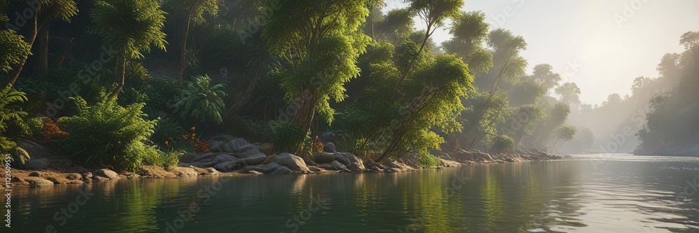 Riverbank of Ganga at Har Ki Pouri with lush greenery, uttarakhand, haridwar, serene Riverbank of Ganga at Har Ki Pouri with lush greenery, uttarakhand, haridwar, serene