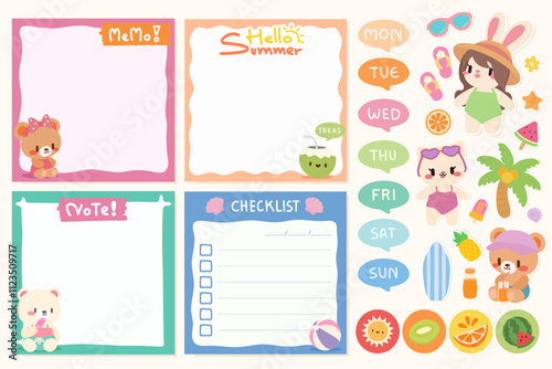 Adorable summer planner designs with stickers and checklists. Kawaii summer themed memo and planner stickers.