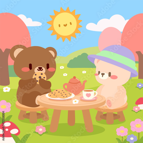 A kawaii illustration of two cute bears enjoying a spring picnic with tea and cookies in a colorful garden. The scene features pastel trees, cheerful flowers, and a sunny.