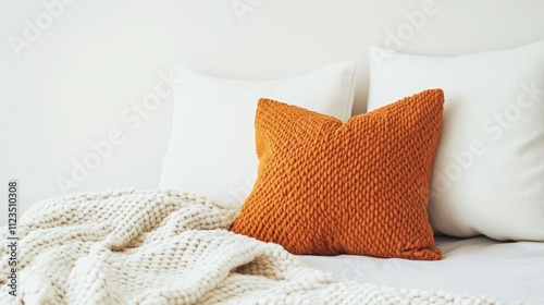 Cozy bed setting with textured pillows and a warm blanket for a comfortable atmosphere in a bright room